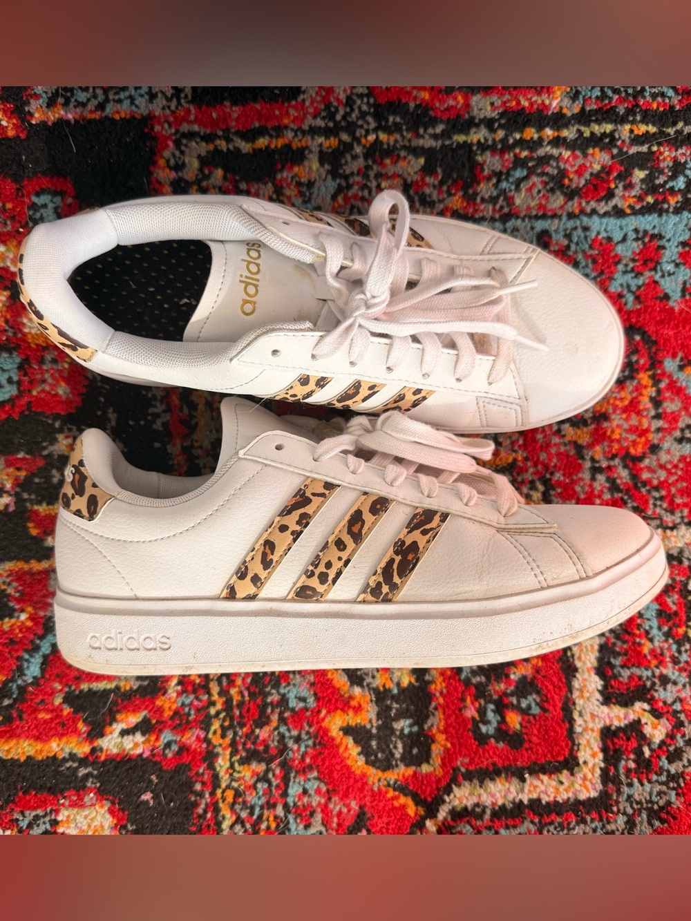 Adidas Women's grand Court Sneaker in White with Leopard Stripes